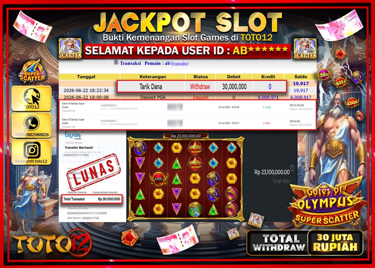 HANYA DI TOTO12 JP PASTI DI BAYAR LUNAS DAN CEPAT!!!!!! JACKPOT SLOT GAME (GATES OF OLYMPUS SUPER SCATTER) Rp30.000.000!!!!