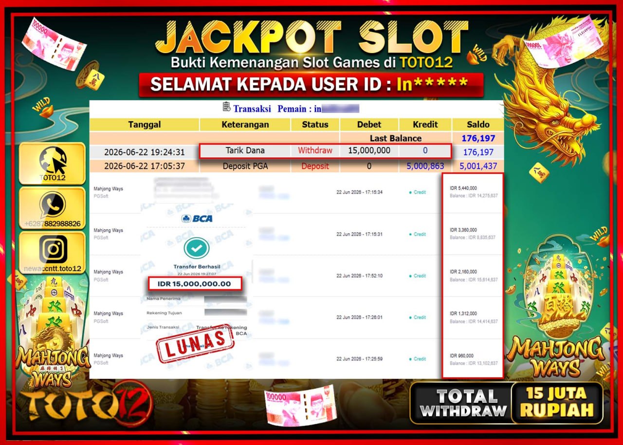 HANYA DI TOTO12 JP PASTI DI BAYAR LUNAS DAN CEPAT!!!!!! JACKPOT SLOT GAME (MAHJONG WAYS) Rp15.000.000!!!!