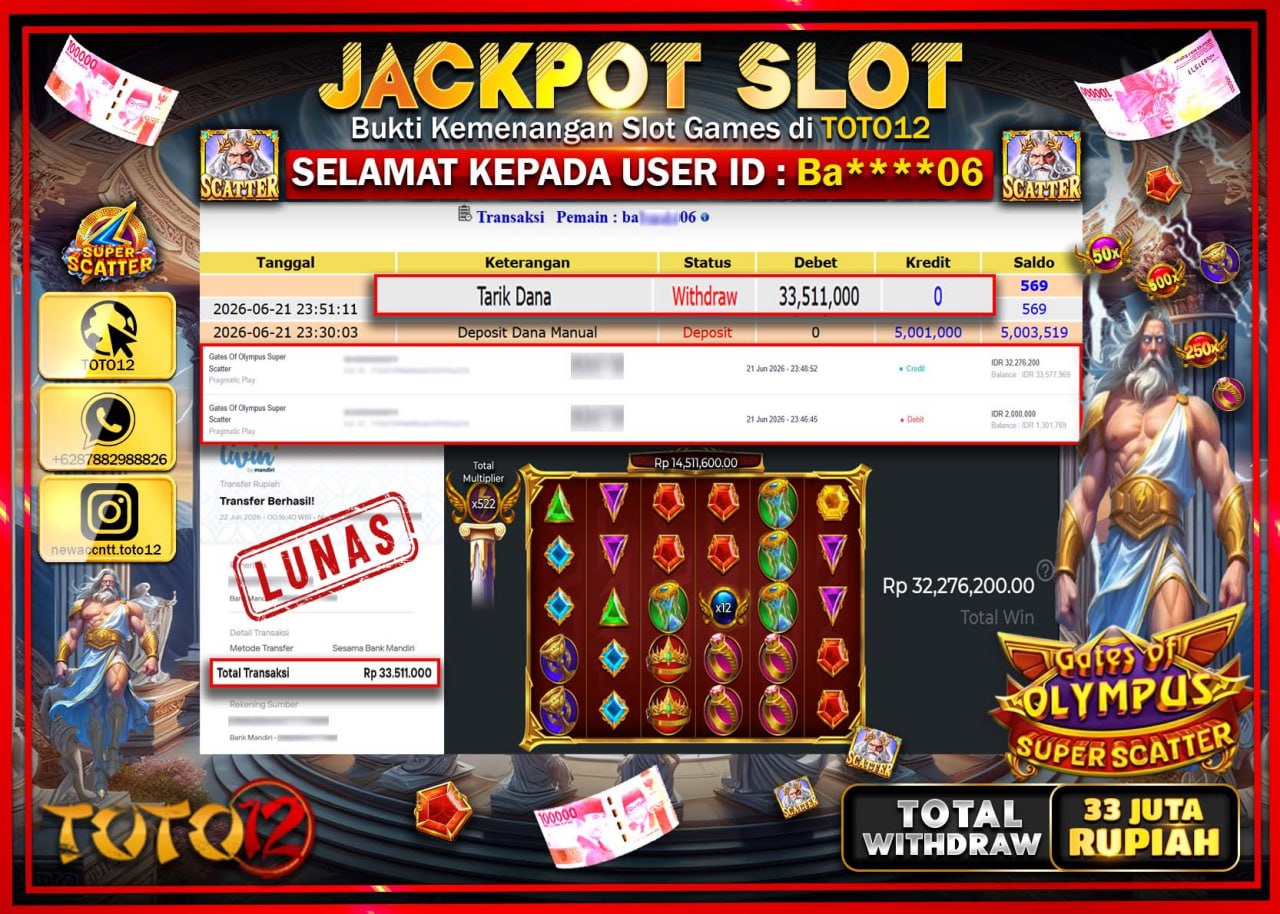 HANYA DI TOTO12 JP PASTI DI BAYAR LUNAS DAN CEPAT!!!!!! JACKPOT SLOT GAME (GATES OF OLYMPUS SUPER SCATTER) Rp33.511.000!!!!