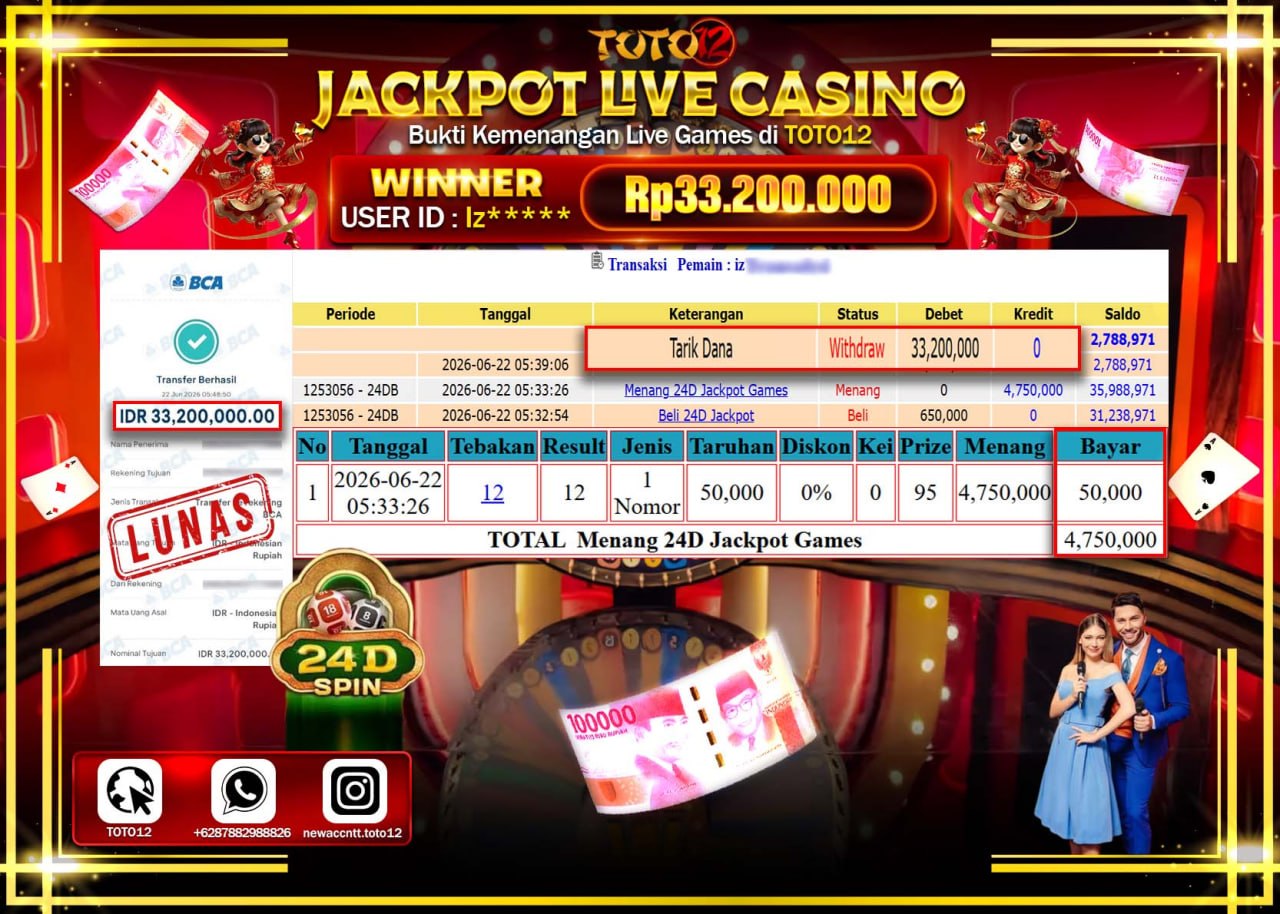 HANYA DI TOTO12 JP PASTI DI BAYAR LUNAS DAN CEPAT!!!!!! JACKPOT  LIVE GAME CASINO (24D) Rp33.200.000!!!!