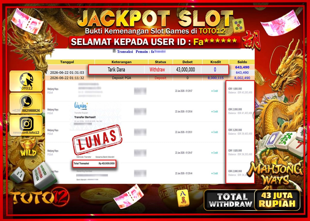 HANYA DI TOTO12 JP PASTI DI BAYAR LUNAS DAN CEPAT!!!!!! JACKPOT SLOT GAME (MAHJONG WAYS) Rp43.000.000!!!!