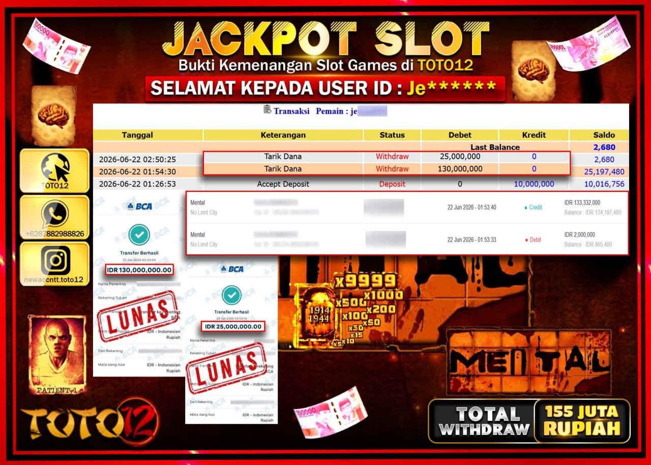 HANYA DI TOTO12 JP PASTI DI BAYAR LUNAS DAN CEPAT!!!!!! JACKPOT SLOT GAME (MENTAL) Rp155.000.000!!!!