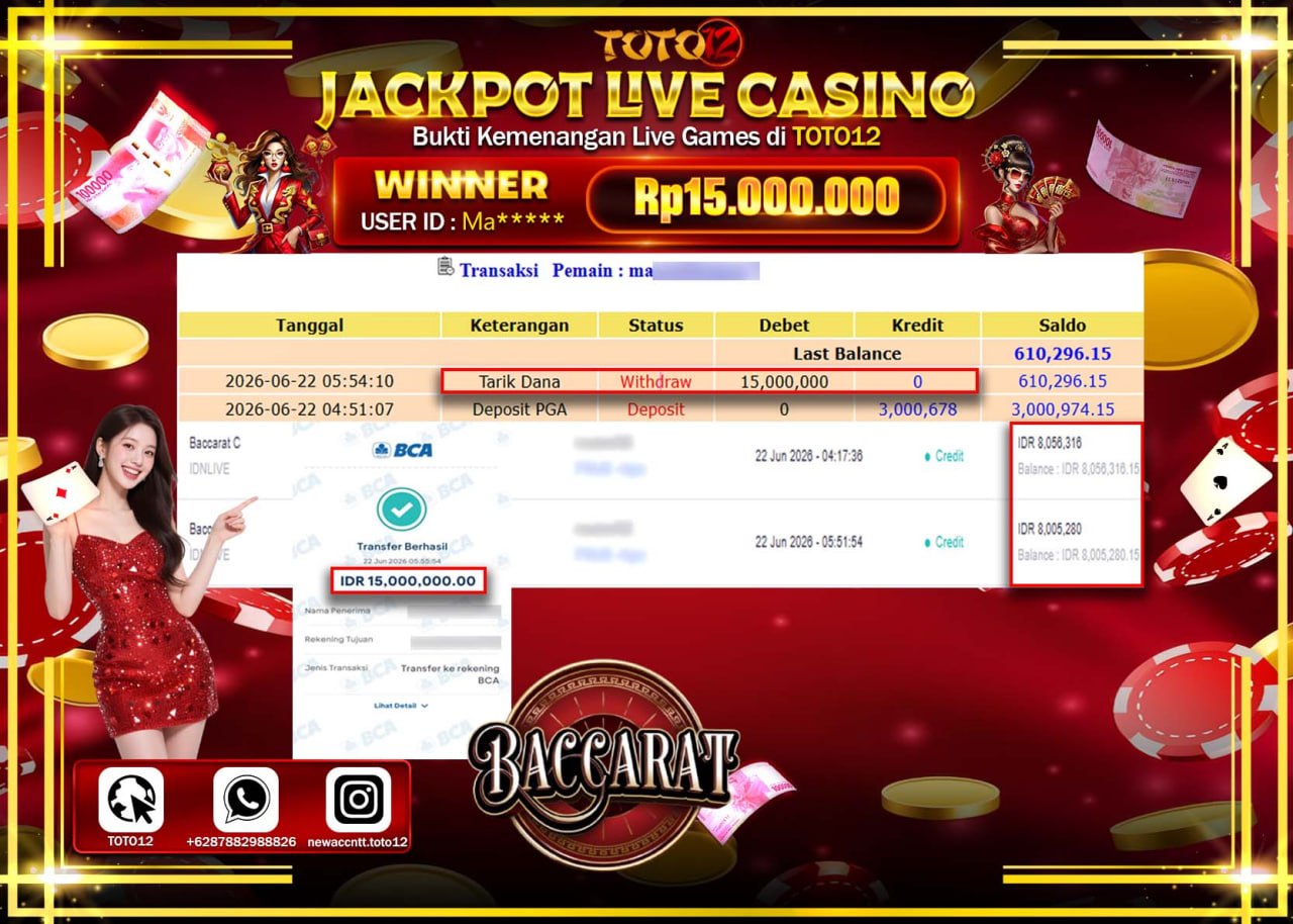 HANYA DI TOTO12 JP PASTI DI BAYAR LUNAS DAN CEPAT!!!!!! JACKPOT  LIVE GAME CASINO (BACCARAT C) Rp15.000.000!!!!