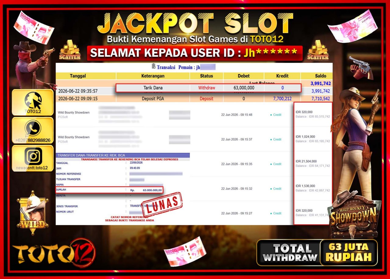 HANYA DI TOTO12 JP PASTI DI BAYAR LUNAS DAN CEPAT!!!!!! JACKPOT SLOT GAME (WILD BOUNTY SHOWDOWN) Rp63.000.000!!!!