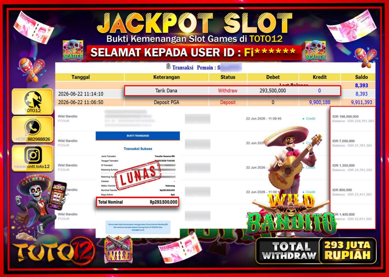 HANYA DI TOTO12 JP PASTI DI BAYAR LUNAS DAN CEPAT!!!!!! JACKPOT SLOT GAME (WILD BANDITO) Rp293.500.000!!!!