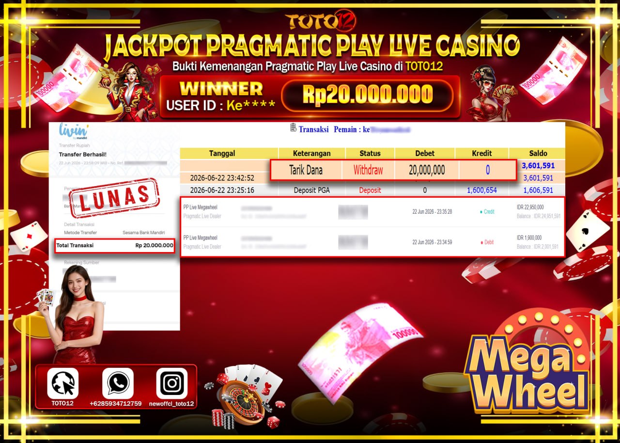 HANYA DI TOTO12 JP PASTI DI BAYAR LUNAS DAN CEPAT!!!!!! JACKPOT PRAGMATIC PLAY LIVE GAME CASINO (PP LIVE MEGA WHEEL) Rp20.000.000!!!!