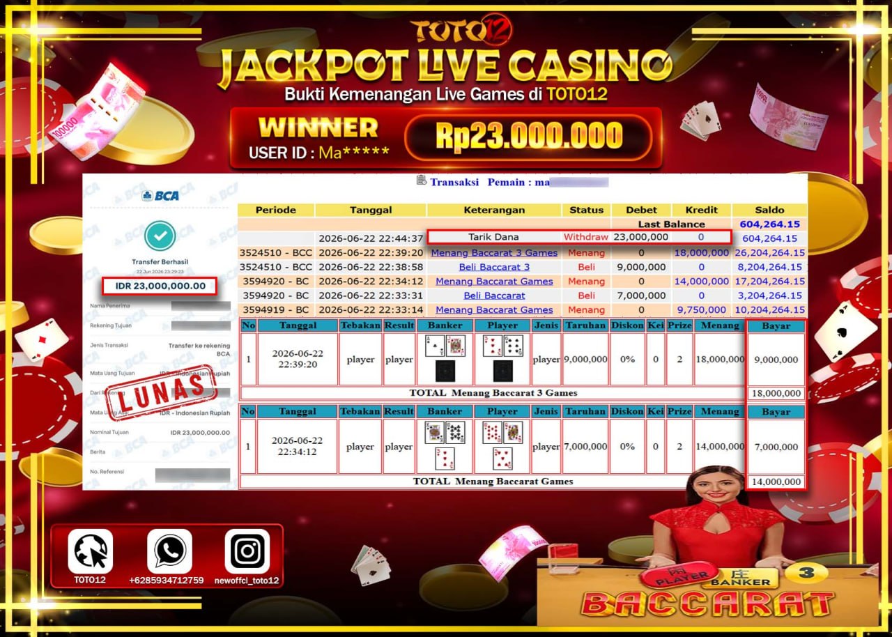 HANYA DI TOTO12 JP PASTI DI BAYAR LUNAS DAN CEPAT!!!!!! JACKPOT  LIVE GAME CASINO (BACCARAT 3) Rp23.000.000!!!!