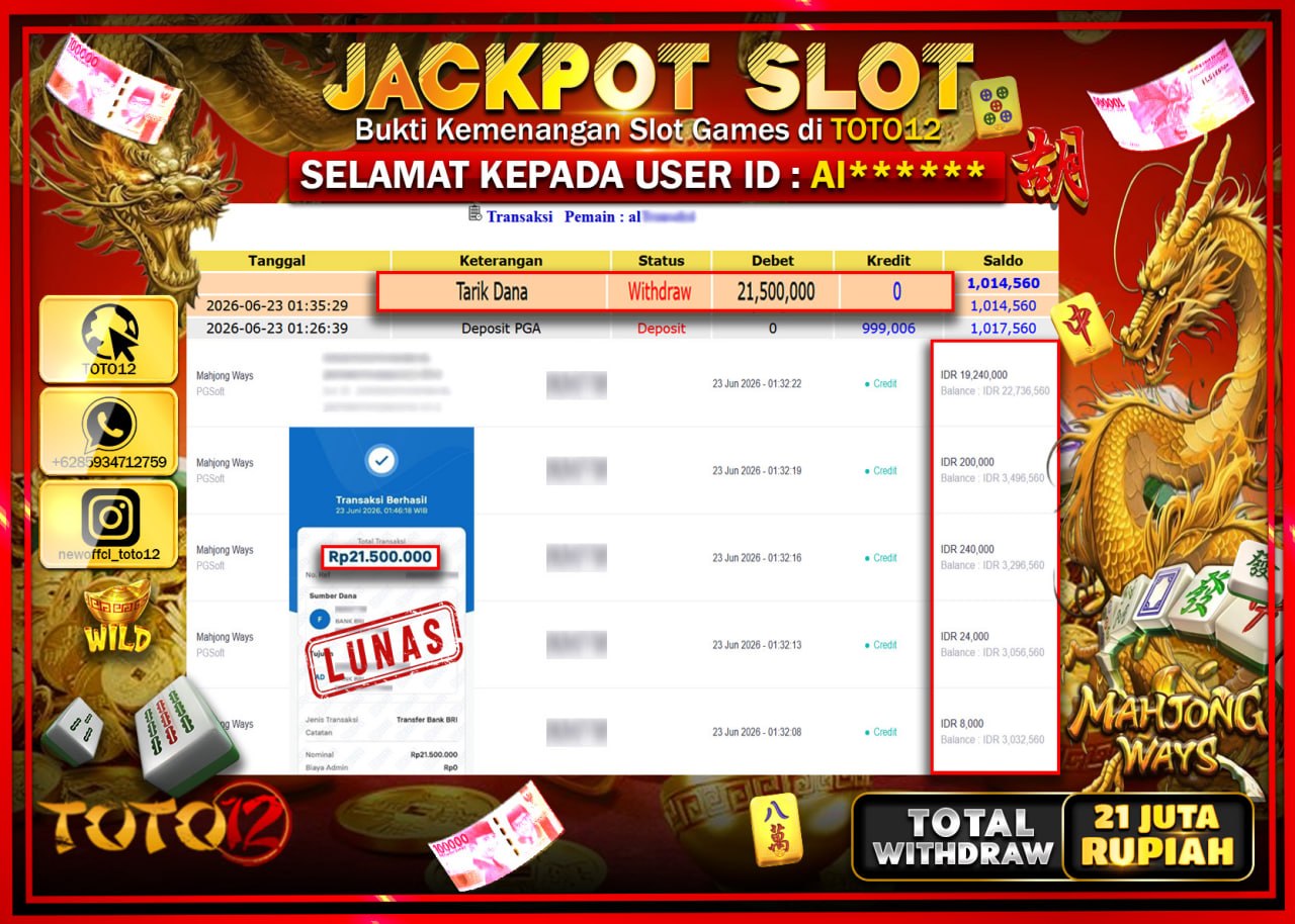 HANYA DI TOTO12 JP PASTI DI BAYAR LUNAS DAN CEPAT!!!!!! JACKPOT SLOT GAME (MAHJONG WAYS) Rp21.500.000!!!!