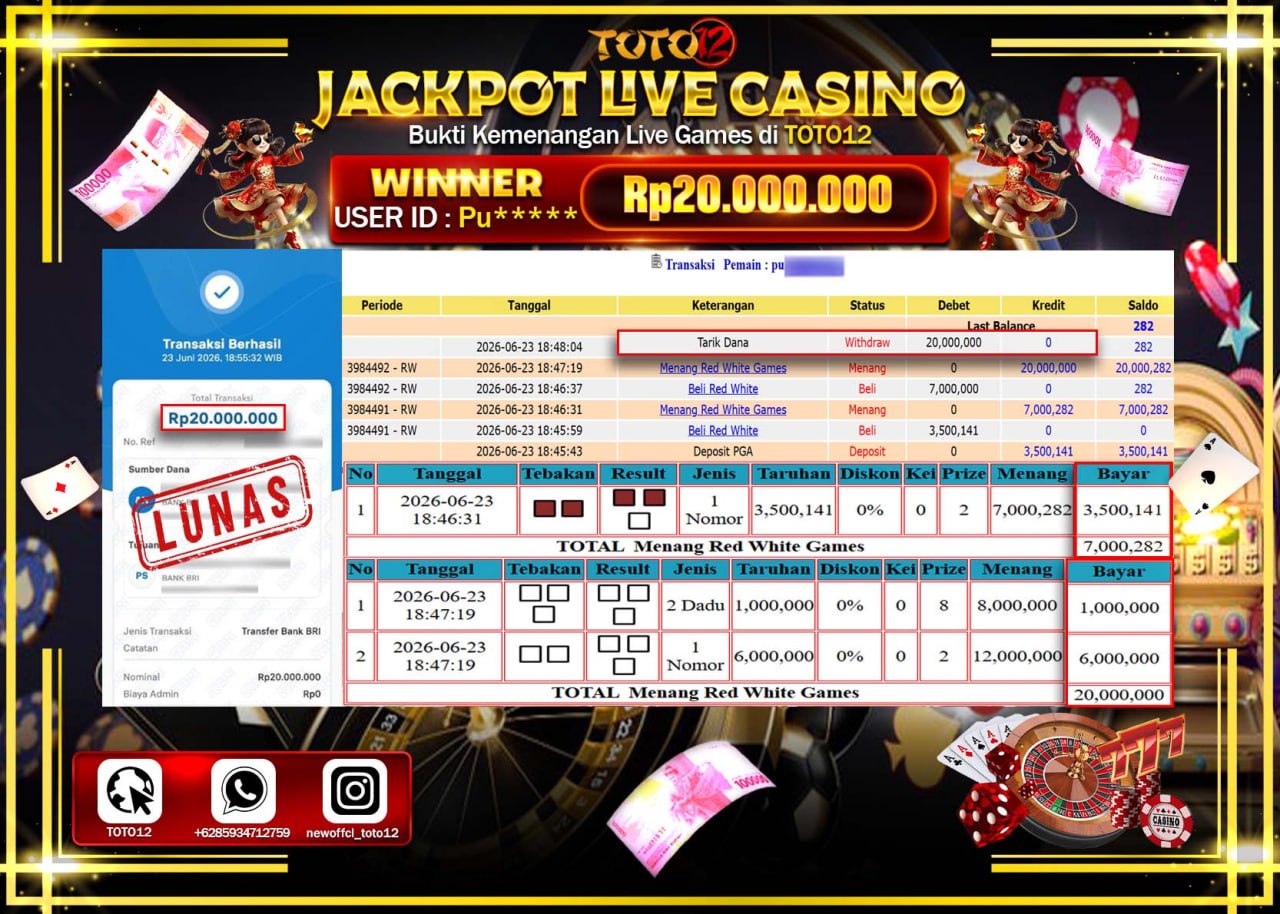 HANYA DI TOTO12 JP PASTI DI BAYAR LUNAS DAN CEPAT!!!!!! JACKPOT LIVE GAME CASINO (RED WHITE) Rp20.000.000!!!!