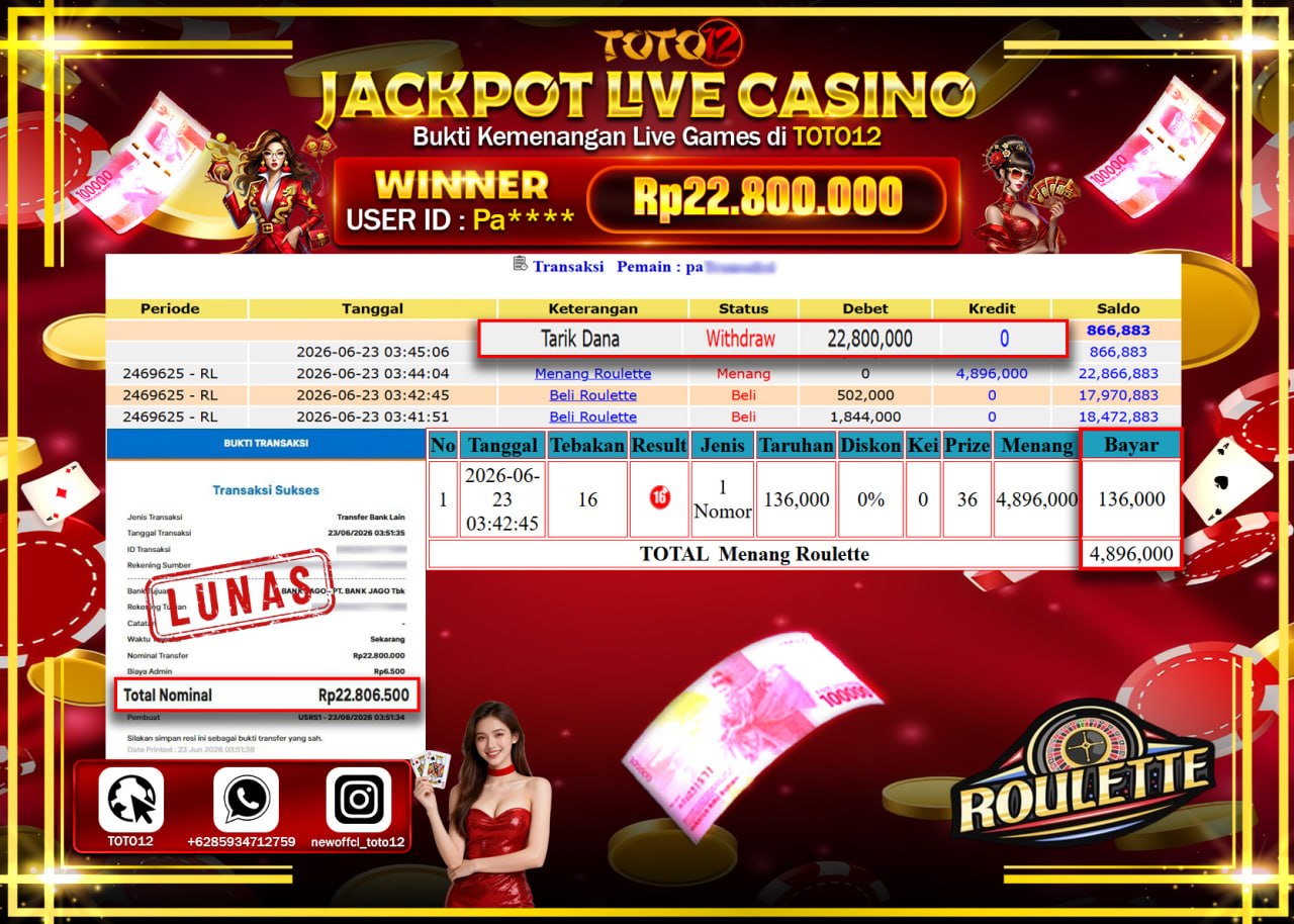 HANYA DI TOTO12 JP PASTI DI BAYAR LUNAS DAN CEPAT!!!!!! JACKPOT  LIVE GAME CASINO (ROULETTE) Rp22.800.000!!!!