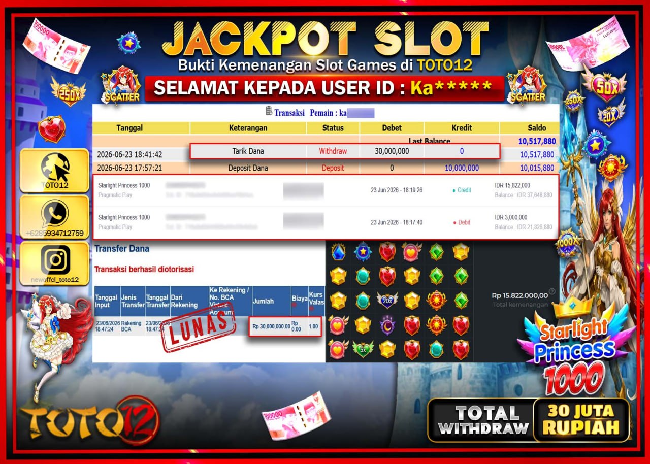 HANYA DI TOTO12 JP PASTI DI BAYAR LUNAS DAN CEPAT!!!!!! JACKPOT SLOT GAME (STARLIGHT PRINCESS 1000) Rp30.000.000!!!!