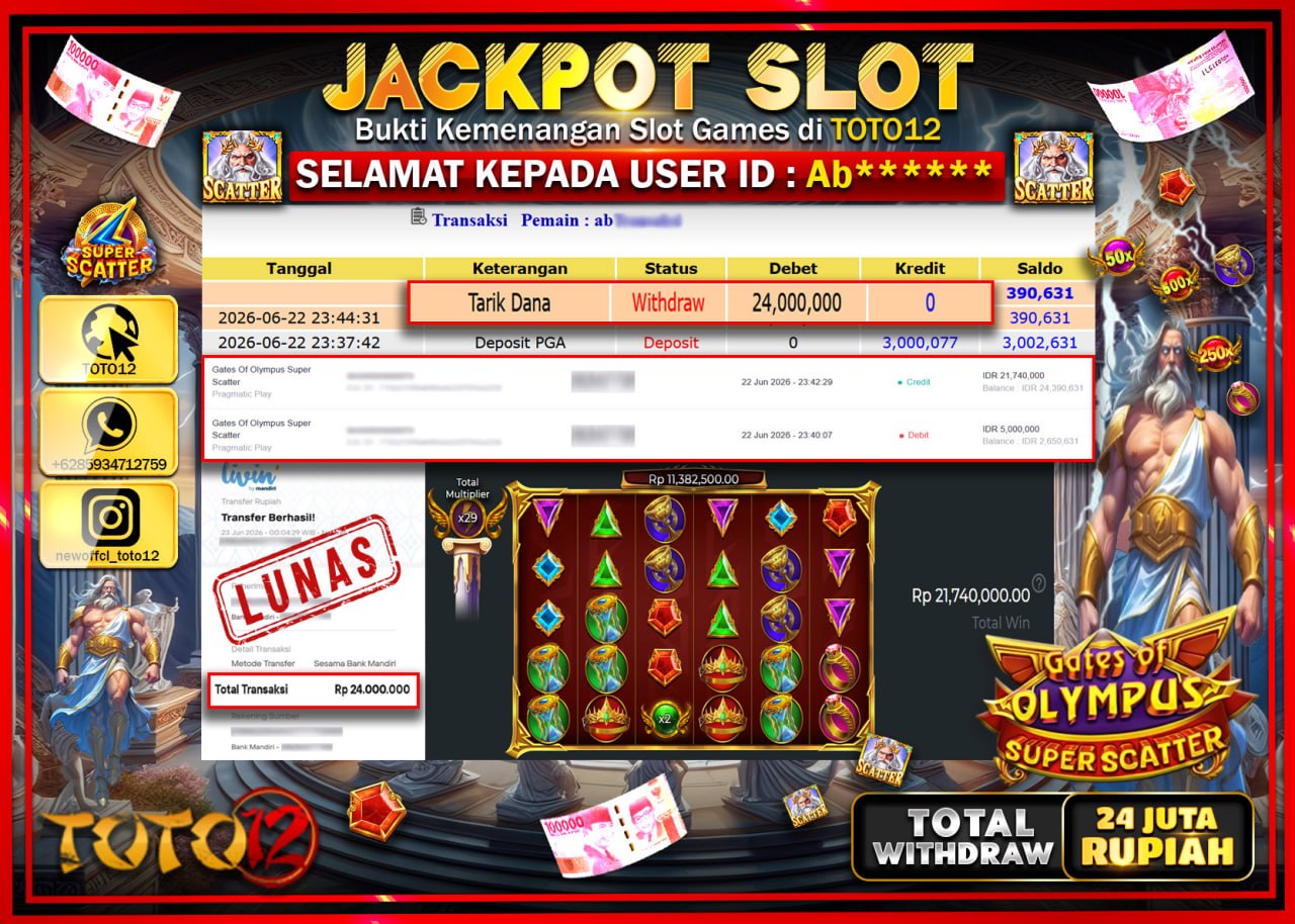 HANYA DI TOTO12 JP PASTI DI BAYAR LUNAS DAN CEPAT!!!!!! JACKPOT SLOT GAME (GATES OF OLYMPUS SUPER SCATTER) Rp24.000.000!!!!