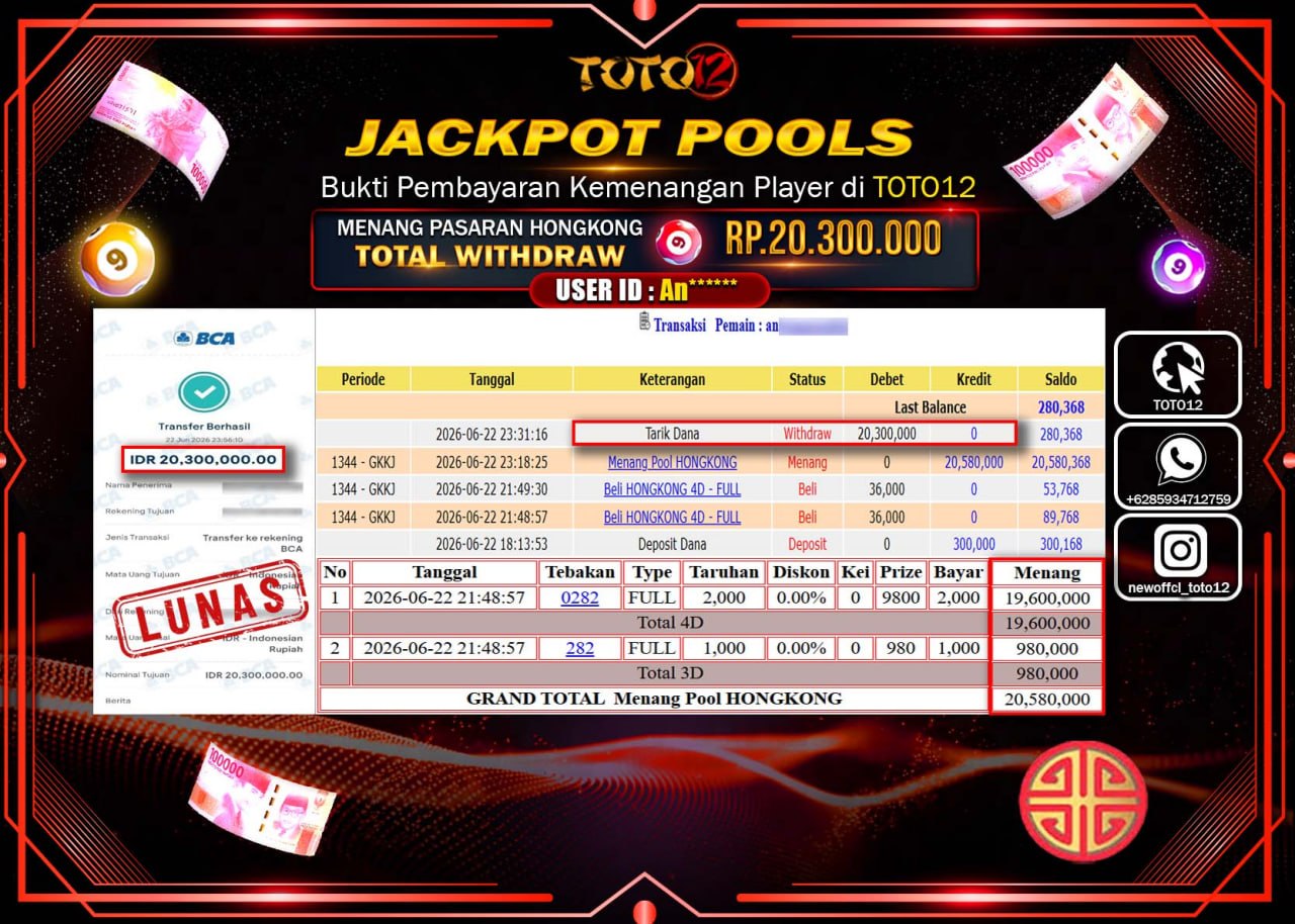 HANYA DI TOTO12 JP PASTI DI BAYAR LUNAS DAN CEPAT!!!!!! JACKPOT POOLS PASARAN (HONGKONG) Rp20.300.000!!!!