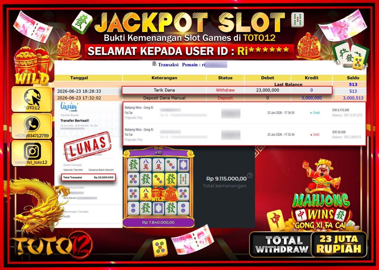 HANYA DI TOTO12 JP PASTI DI BAYAR LUNAS DAN CEPAT!!!!!! JACKPOT SLOT GAME (MAHJONG WINS GONG XI FA CAI) Rp23.000.000!!!!