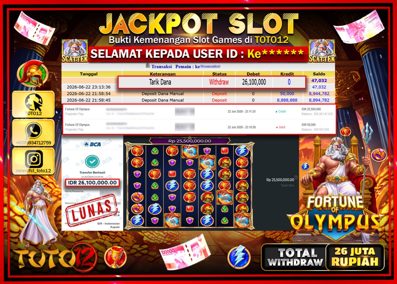 HANYA DI TOTO12 JP PASTI DI BAYAR LUNAS DAN CEPAT!!!!!! JACKPOT SLOT GAME (FORTUNE OF OLYMPUS) Rp26.100.000!!!!