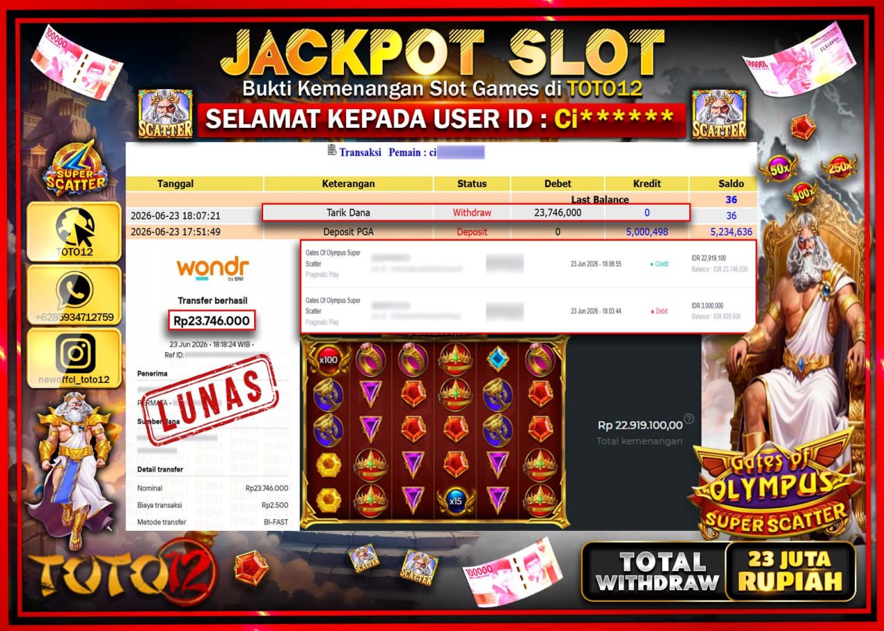 HANYA DI TOTO12 JP PASTI DI BAYAR LUNAS DAN CEPAT!!!!!! JACKPOT SLOT GAME (GATES OF OLYMPUS SUPER SCATTER) Rp23.746.000!!!!