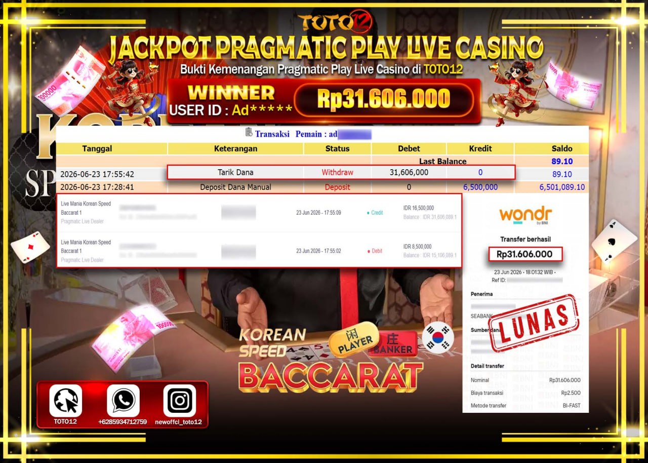 HANYA DI TOTO12 JP PASTI DI BAYAR LUNAS DAN CEPAT!!!!!! JACKPOT LIVE GAME CASINO (KOREAN SPEED BACCARAT 1) Rp31.606.000!!!!