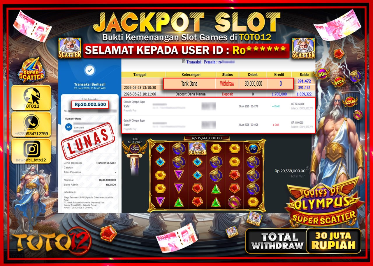 HANYA DI TOTO12 JP PASTI DI BAYAR LUNAS DAN CEPAT!!!!!! JACKPOT SLOT GAME (GATES OF OLYMPUS SUPER SCATTER) Rp30.000.000!!!!
