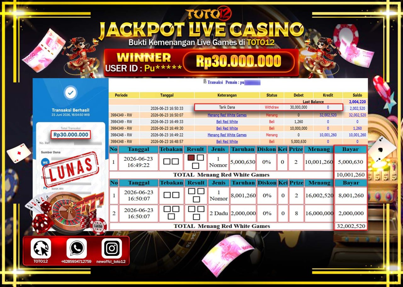 HANYA DI TOTO12 JP PASTI DI BAYAR LUNAS DAN CEPAT!!!!!! JACKPOT LIVE GAME CASINO (RED WHITE) Rp30.000.000!!!!