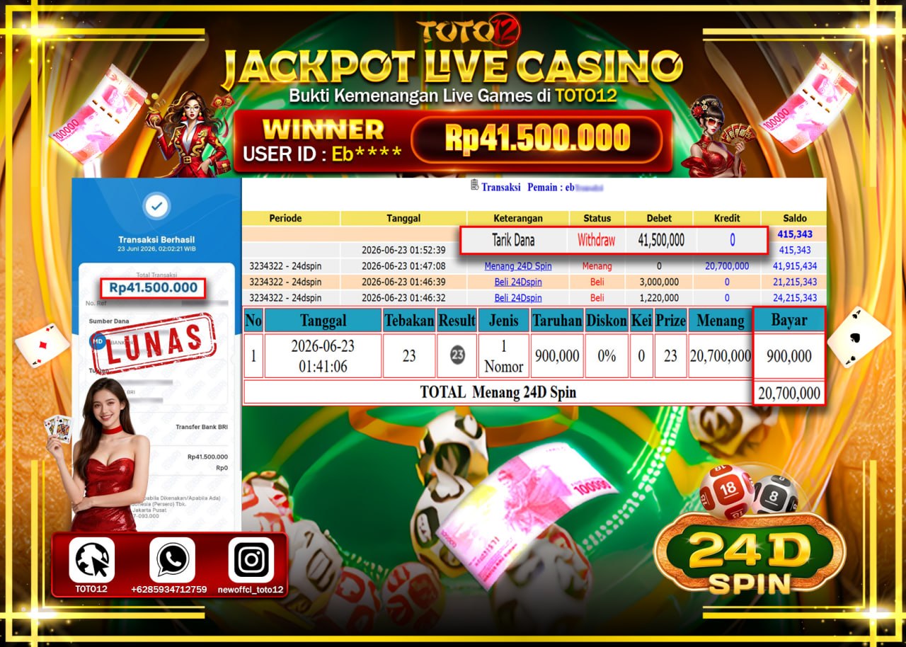 HANYA DI TOTO12 JP PASTI DI BAYAR LUNAS DAN CEPAT!!!!!! JACKPOT LIVE GAME CASINO (24D SPIN) Rp41.500.000!!!!