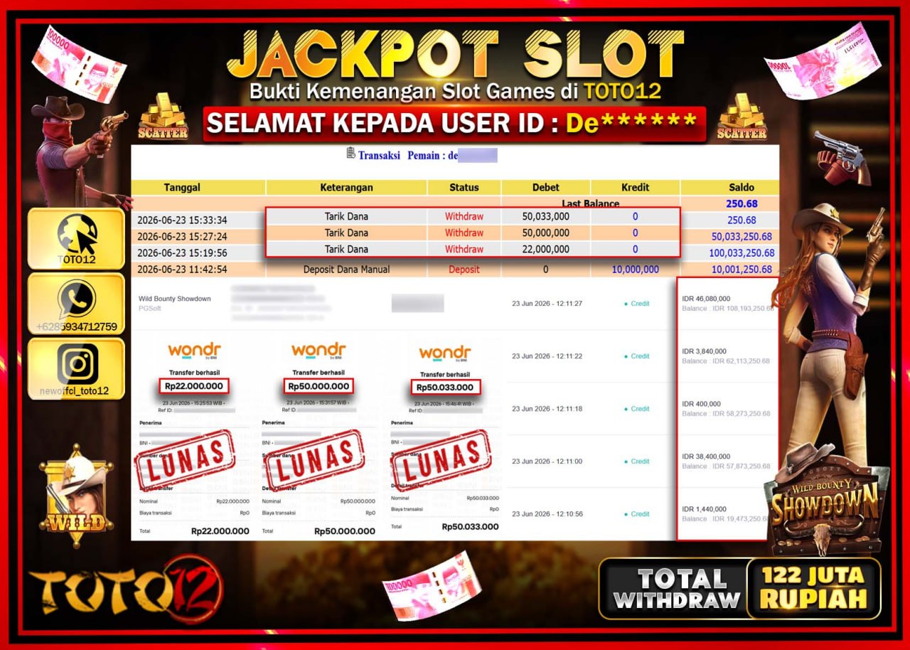 HANYA DI TOTO12 JP PASTI DI BAYAR LUNAS DAN CEPAT!!!!!! JACKPOT SLOT GAME (WILD BOUNTY SHOWDOWN) Rp122.033.000!!!!