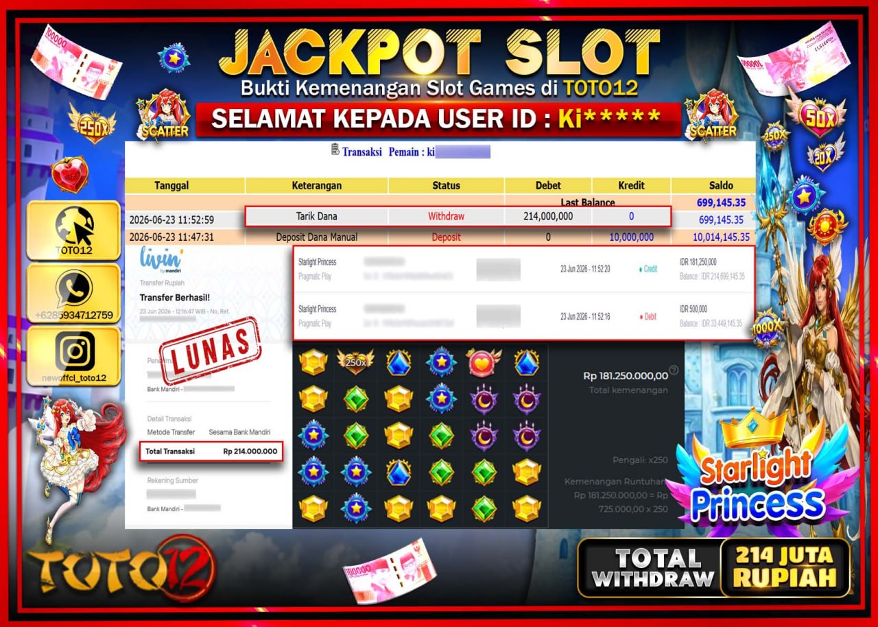 HANYA DI TOTO12 JP PASTI DI BAYAR LUNAS DAN CEPAT!!!!!! JACKPOT SLOT GAME (STARLIGHT PRINCESS) Rp214.000.000!!!!