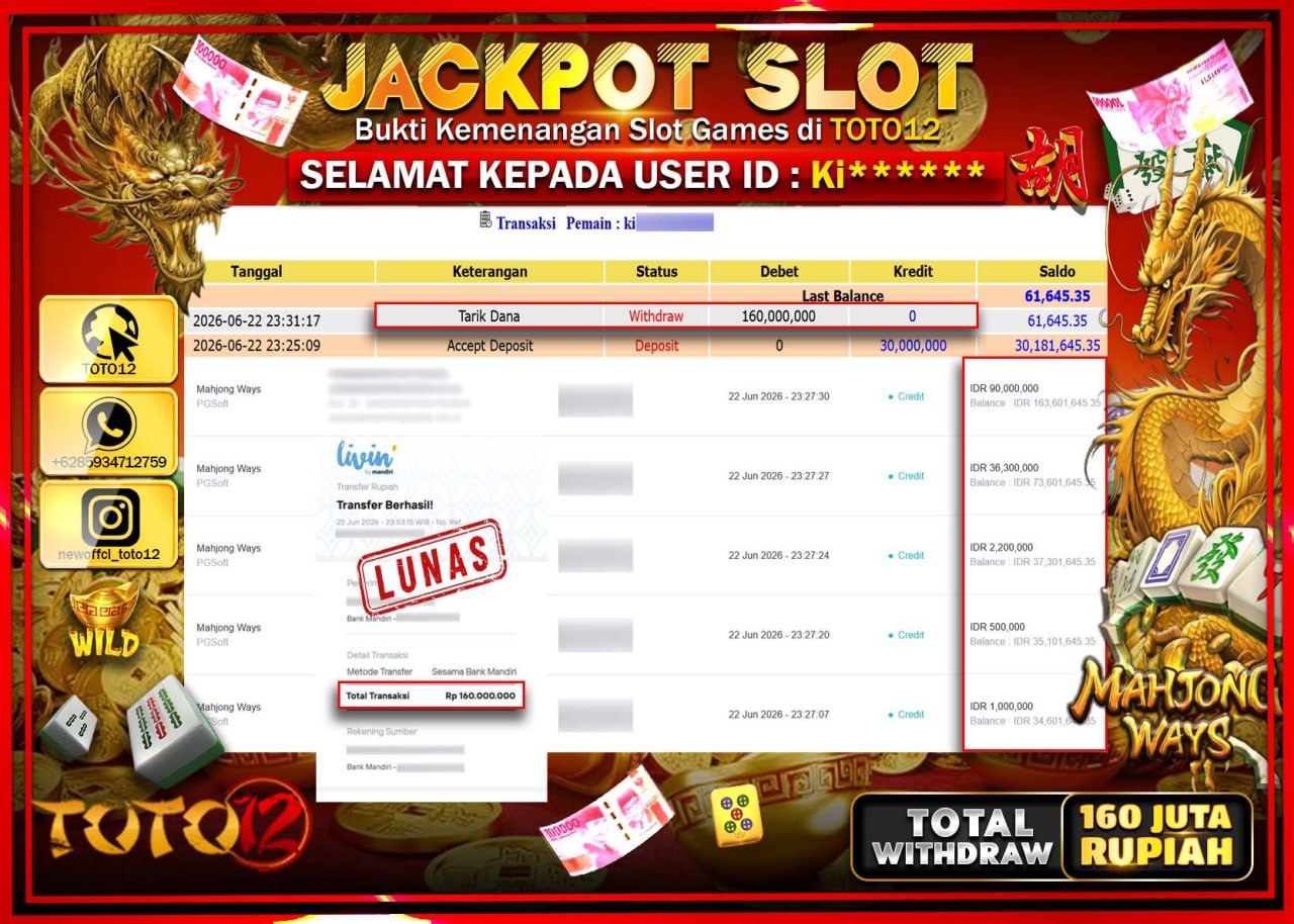 HANYA DI TOTO12 JP PASTI DI BAYAR LUNAS DAN CEPAT!!!!!! JACKPOT SLOT GAME (MAHJONG WAYS) Rp160.000.000!!!!