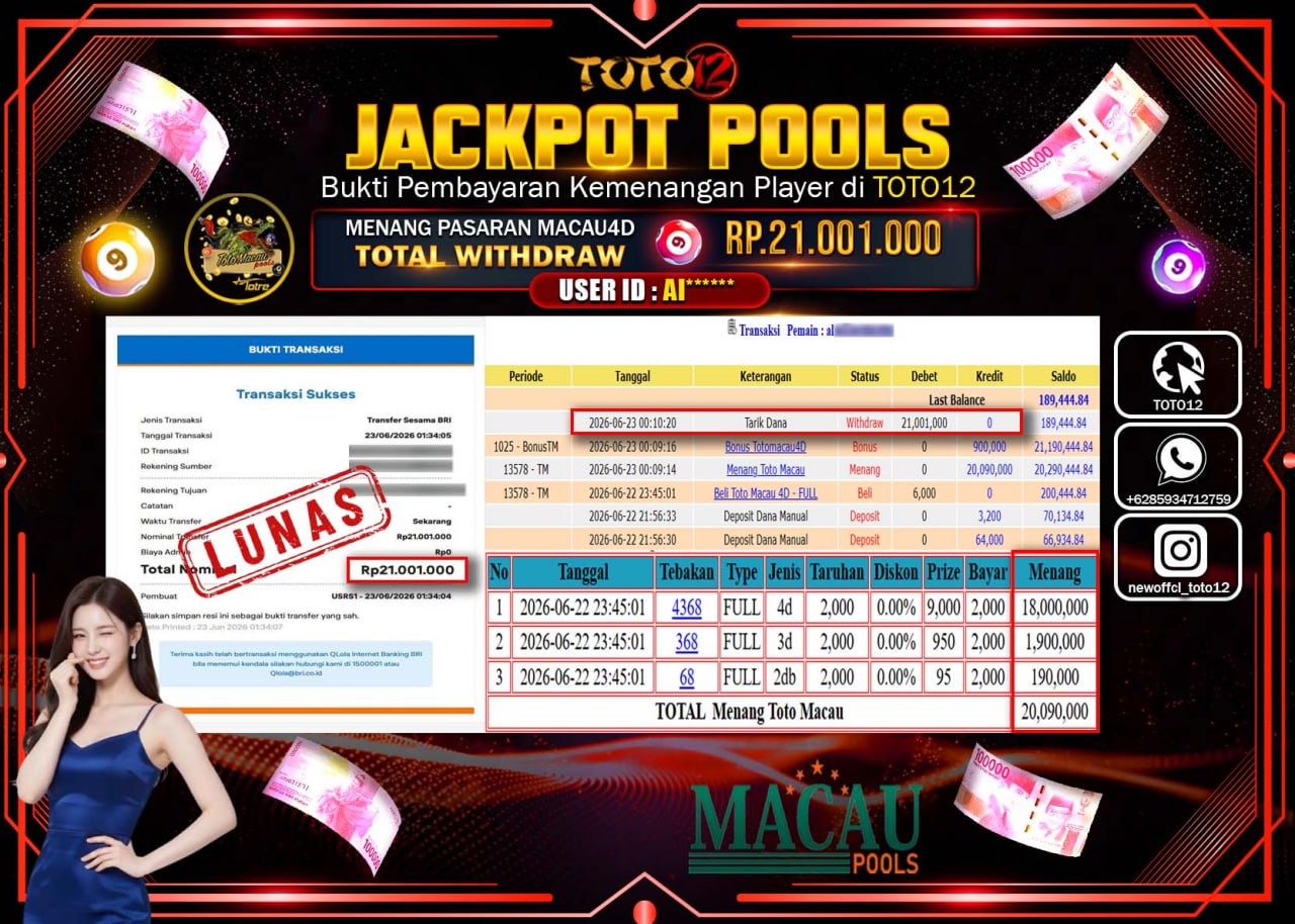 HANYA DI TOTO12 JP PASTI DI BAYAR LUNAS DAN CEPAT!!!!!! JACKPOT POOLS PASARAN (TOTOMACAU4D) Rp21.001.000!!!!