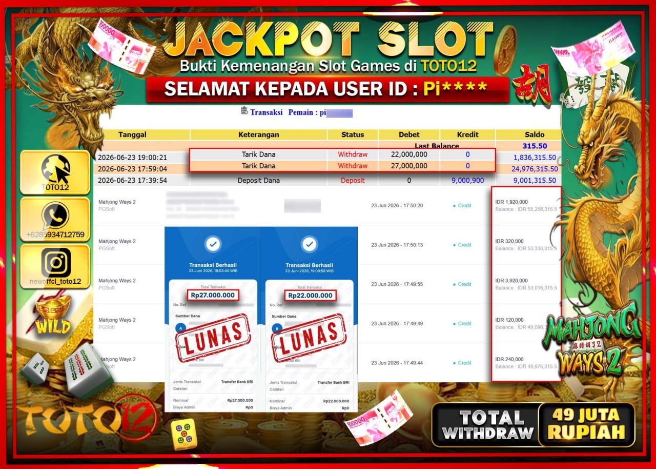 HANYA DI TOTO12 JP PASTI DI BAYAR LUNAS DAN CEPAT!!!!!! JACKPOT SLOT GAME (MAHJONG WAYS 2) Rp49.000.000!!!!