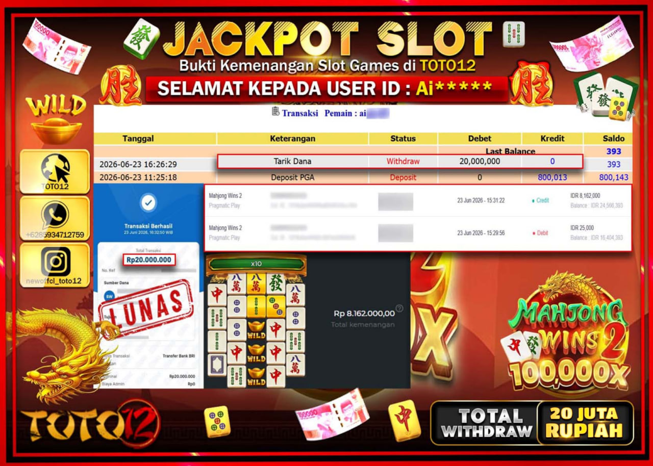 HANYA DI TOTO12 JP PASTI DI BAYAR LUNAS DAN CEPAT!!!!!! JACKPOT SLOT GAME (MAHJONG WINS 2) Rp20.000.000!!!!