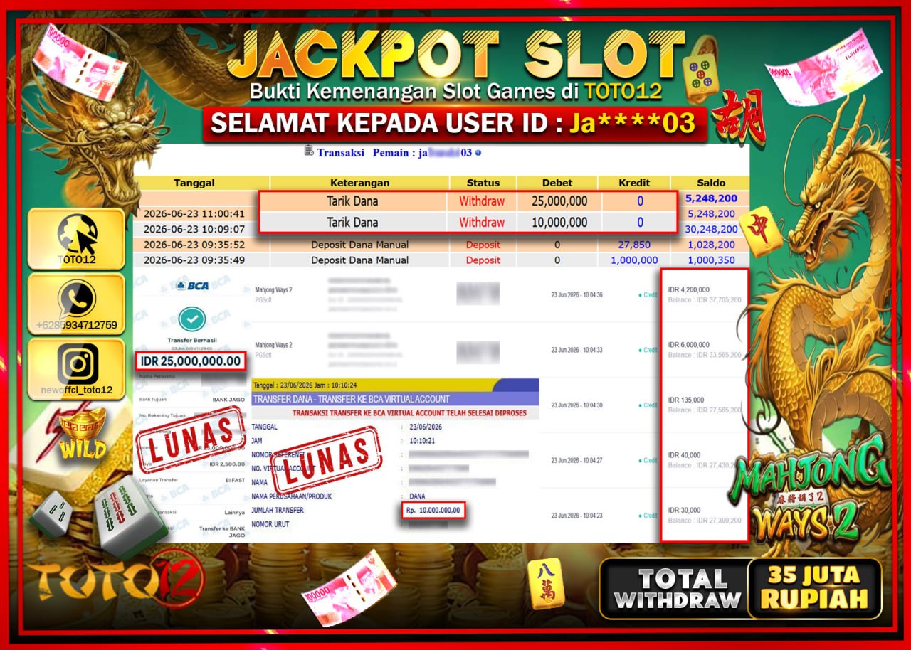 HANYA DI TOTO12 JP PASTI DI BAYAR LUNAS DAN CEPAT!!!!!! JACKPOT SLOT GAME (MAHJONG WAYS) Rp35.000.000!!!!