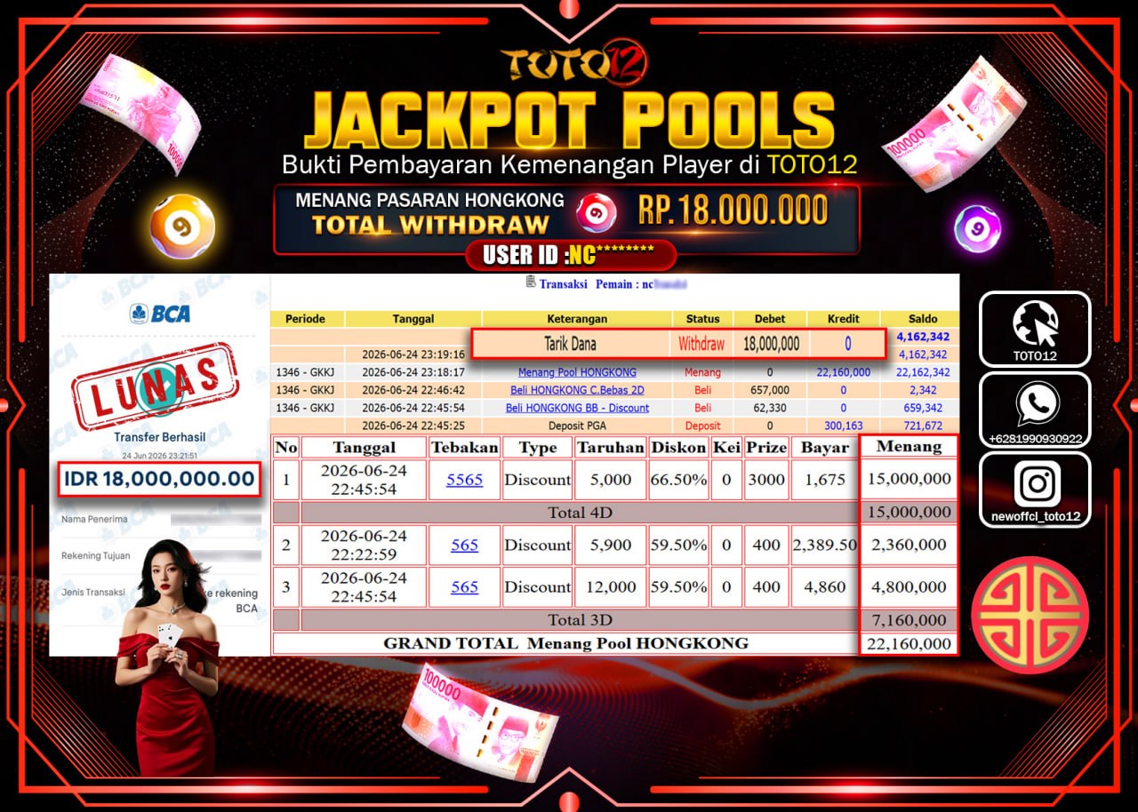 HANYA DI TOTO12 JP PASTI DI BAYAR LUNAS DAN CEPAT!!!!!! JACKPOT POOLS PASARAN (HONGKONG) Rp18.000.000!!!!