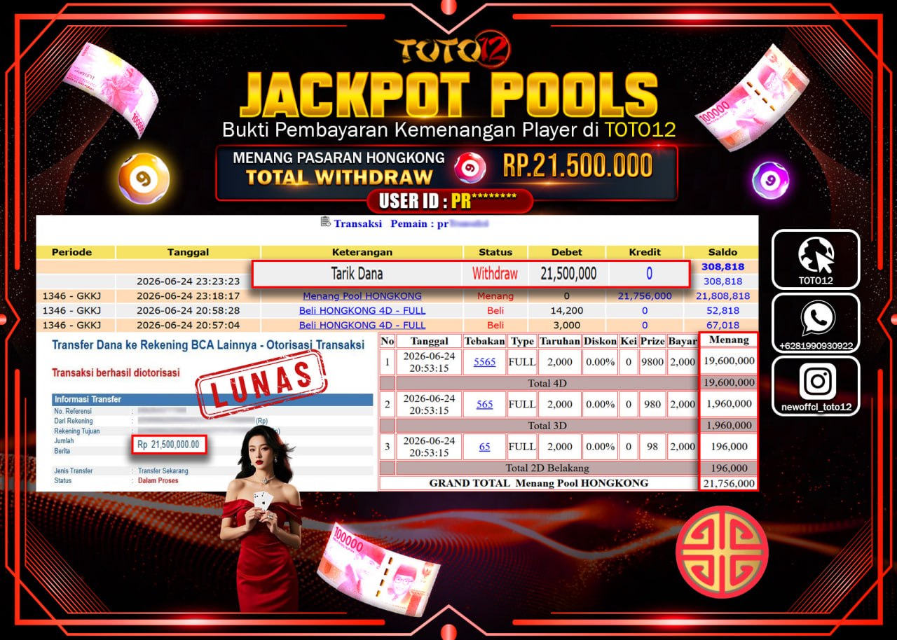 HANYA DI TOTO12 JP PASTI DI BAYAR LUNAS DAN CEPAT!!!!!! JACKPOT POOLS PASARAN (HONGKONG) Rp21.500.000!!!!