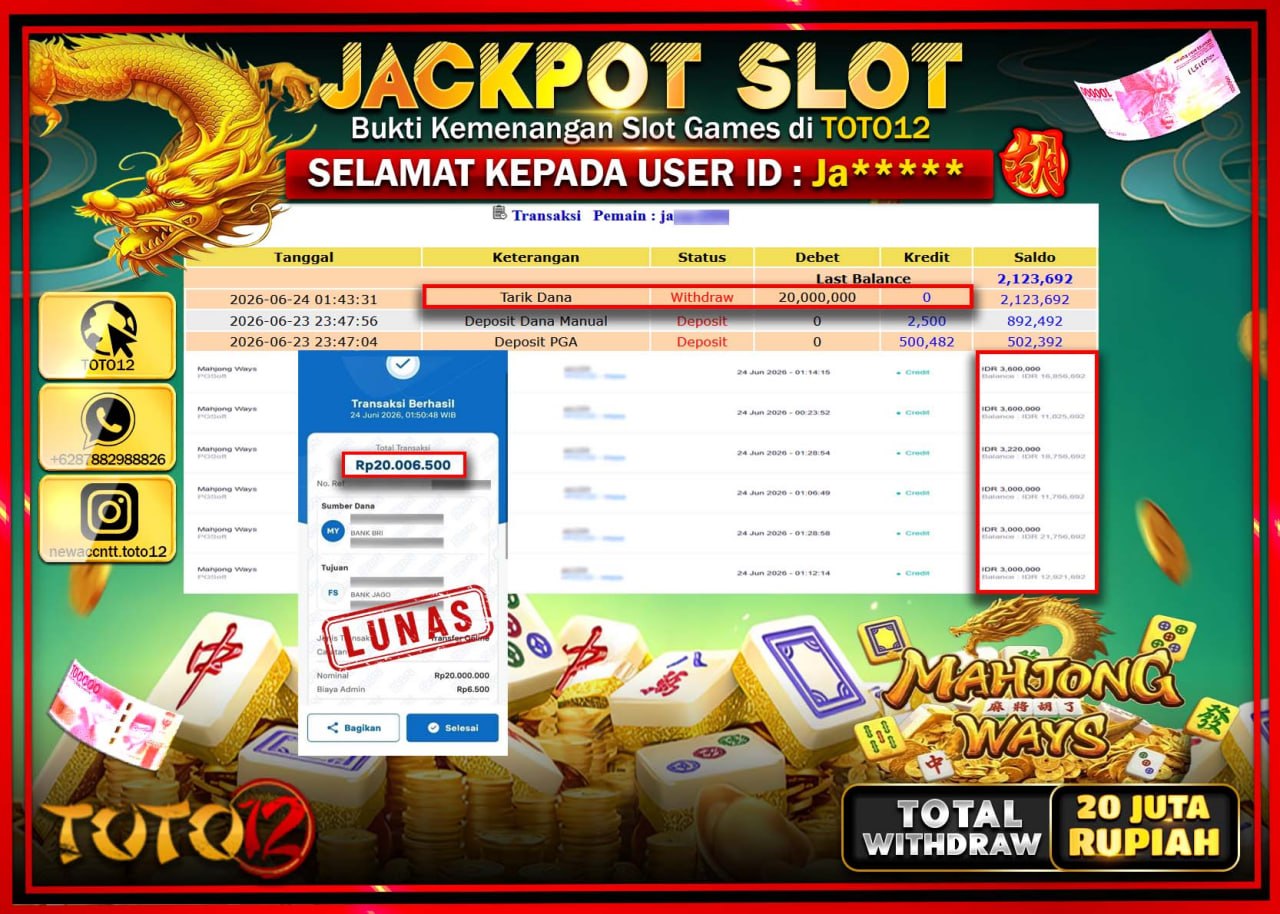 HANYA DI TOTO12 JP PASTI DI BAYAR LUNAS DAN CEPAT!!!!!! JACKPOT SLOT GAME (MAHJONG WAYS) Rp20.000.000!!!!