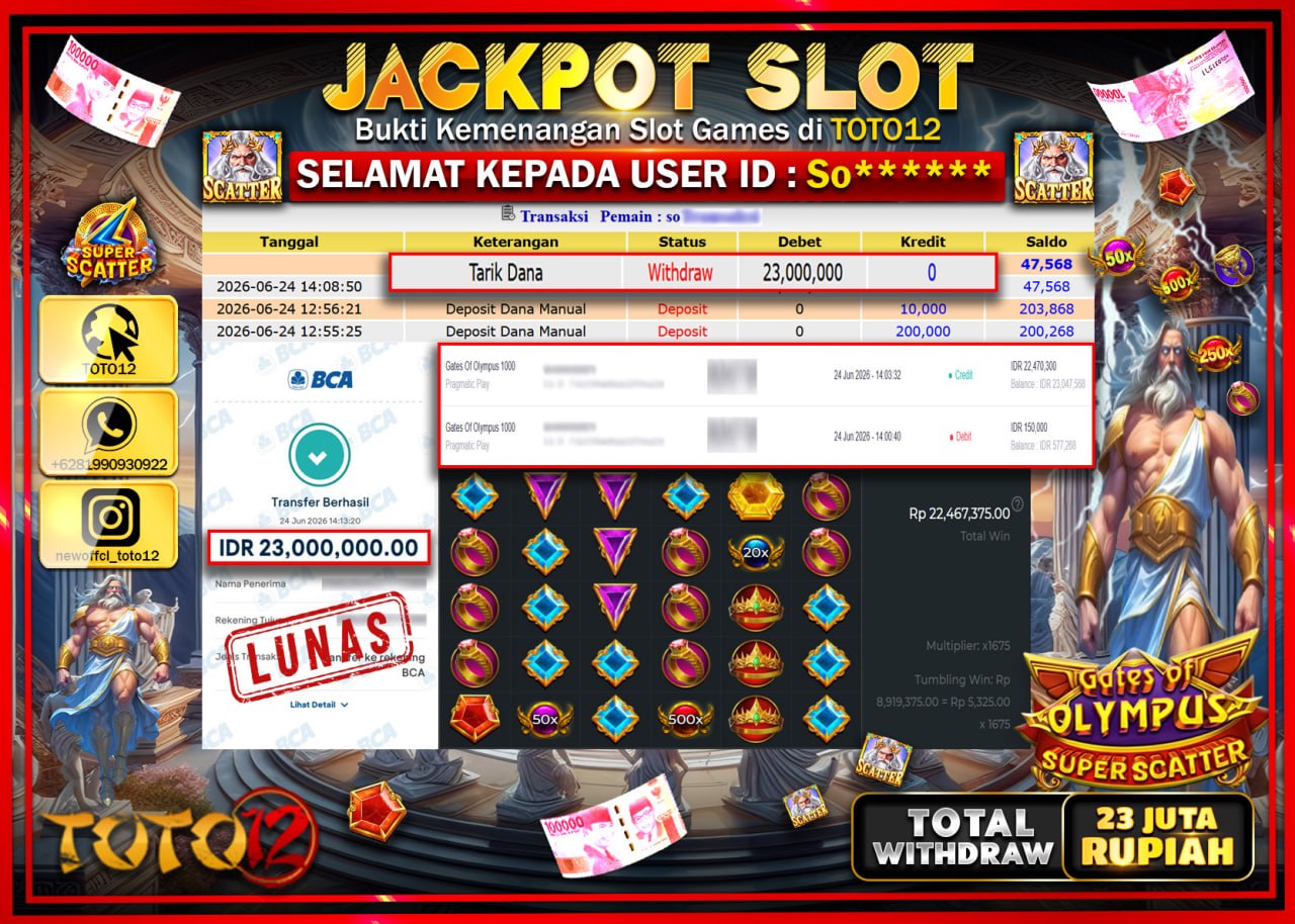 HANYA DI TOTO12 JP PASTI DI BAYAR LUNAS DAN CEPAT!!!!!! JACKPOT SLOT GAME (GATES OF OLYMPUS OLYMPUS SUPER SCATTER) Rp23.000.000!!!!