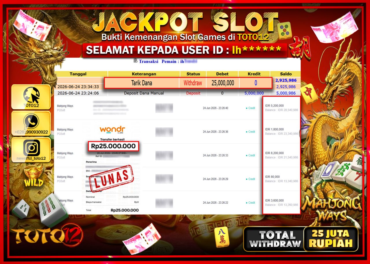 HANYA DI TOTO12 JP PASTI DI BAYAR LUNAS DAN CEPAT!!!!!! JACKPOT SLOT GAME (MAHJONG WAYS) Rp25.000.000!!!!