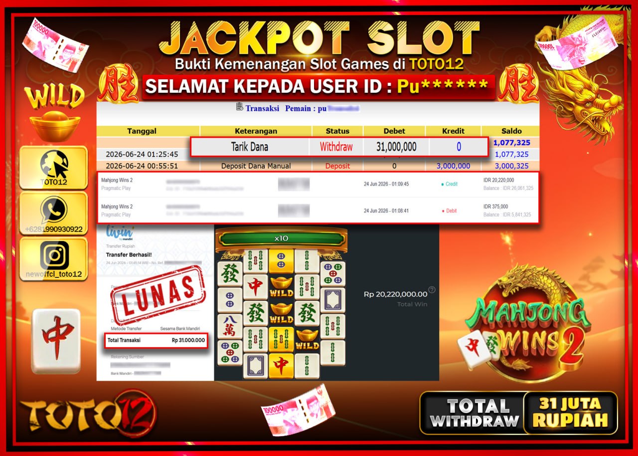 HANYA DI TOTO12 JP PASTI DI BAYAR LUNAS DAN CEPAT!!!!!! JACKPOT SLOT GAME (MAHJONG WINS 2) Rp31.000.000!!!!
