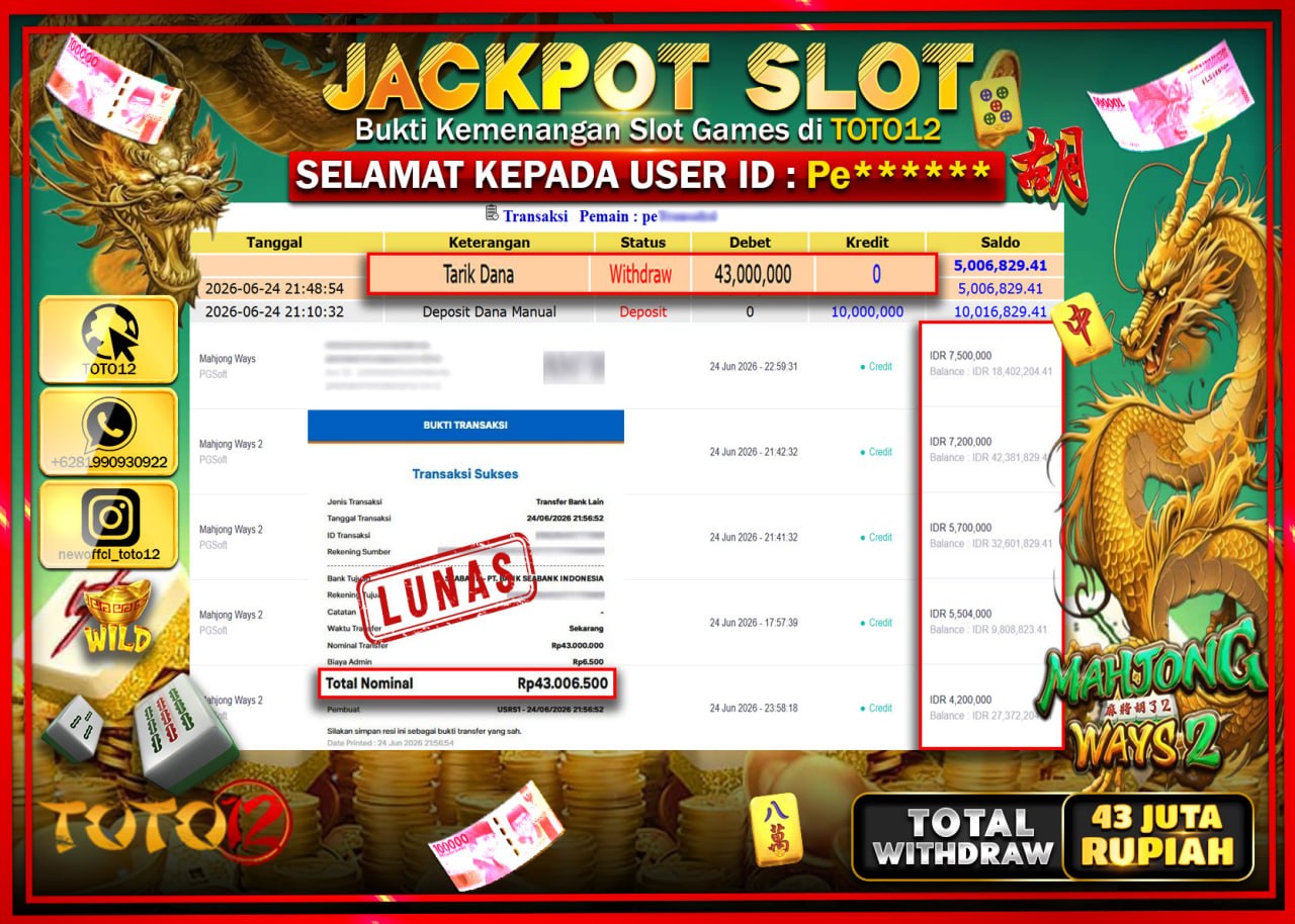 HANYA DI TOTO12 JP PASTI DI BAYAR LUNAS DAN CEPAT!!!!!! JACKPOT SLOT GAME (MAHJONG WAYS 2) Rp43.000.000!!!!