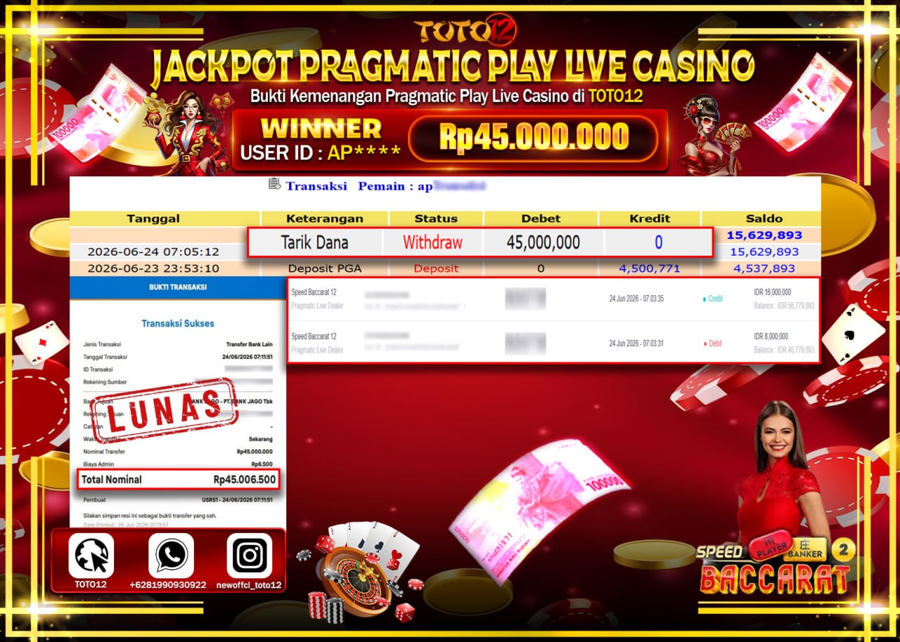 HANYA DI TOTO12 JP PASTI DI BAYAR LUNAS DAN CEPAT!!!!!! JACKPOT PRAGMATIC PLAY LIVE GAME CASINO (SPEED BACCARAT 12) Rp41.000.000!!!!