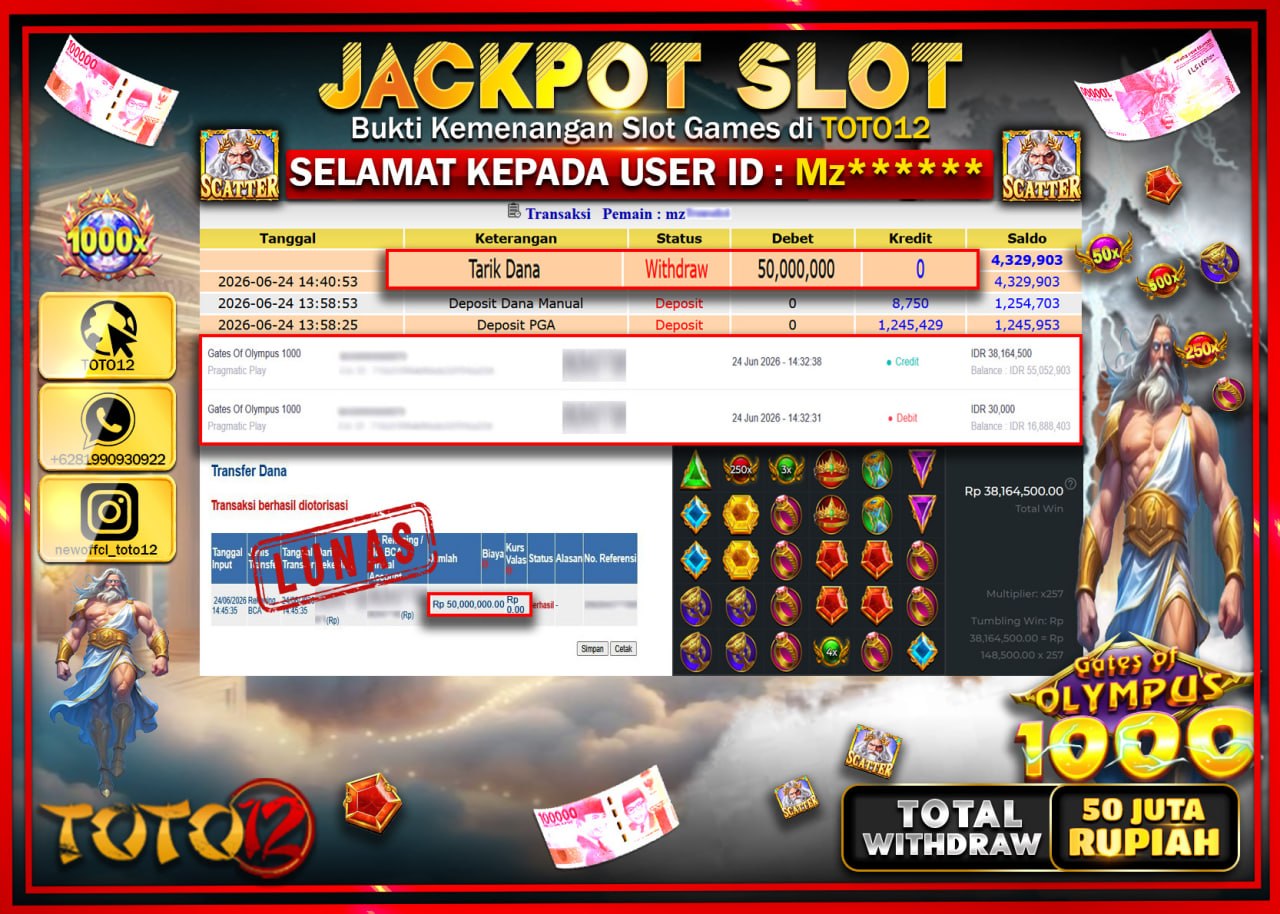 HANYA DI TOTO12 JP PASTI DI BAYAR LUNAS DAN CEPAT!!!!!! JACKPOT SLOT GAME (GATES OF OLYMPUS 1000) Rp50.000.000!!!!