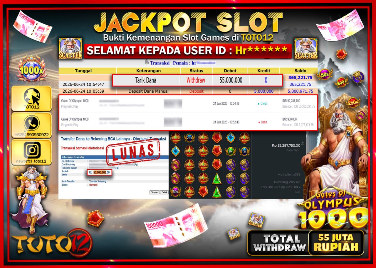 HANYA DI TOTO12 JP PASTI DI BAYAR LUNAS DAN CEPAT!!!!!! JACKPOT SLOT GAME (GATES OF OLYMPUS 1000) Rp55.000.000!!!!