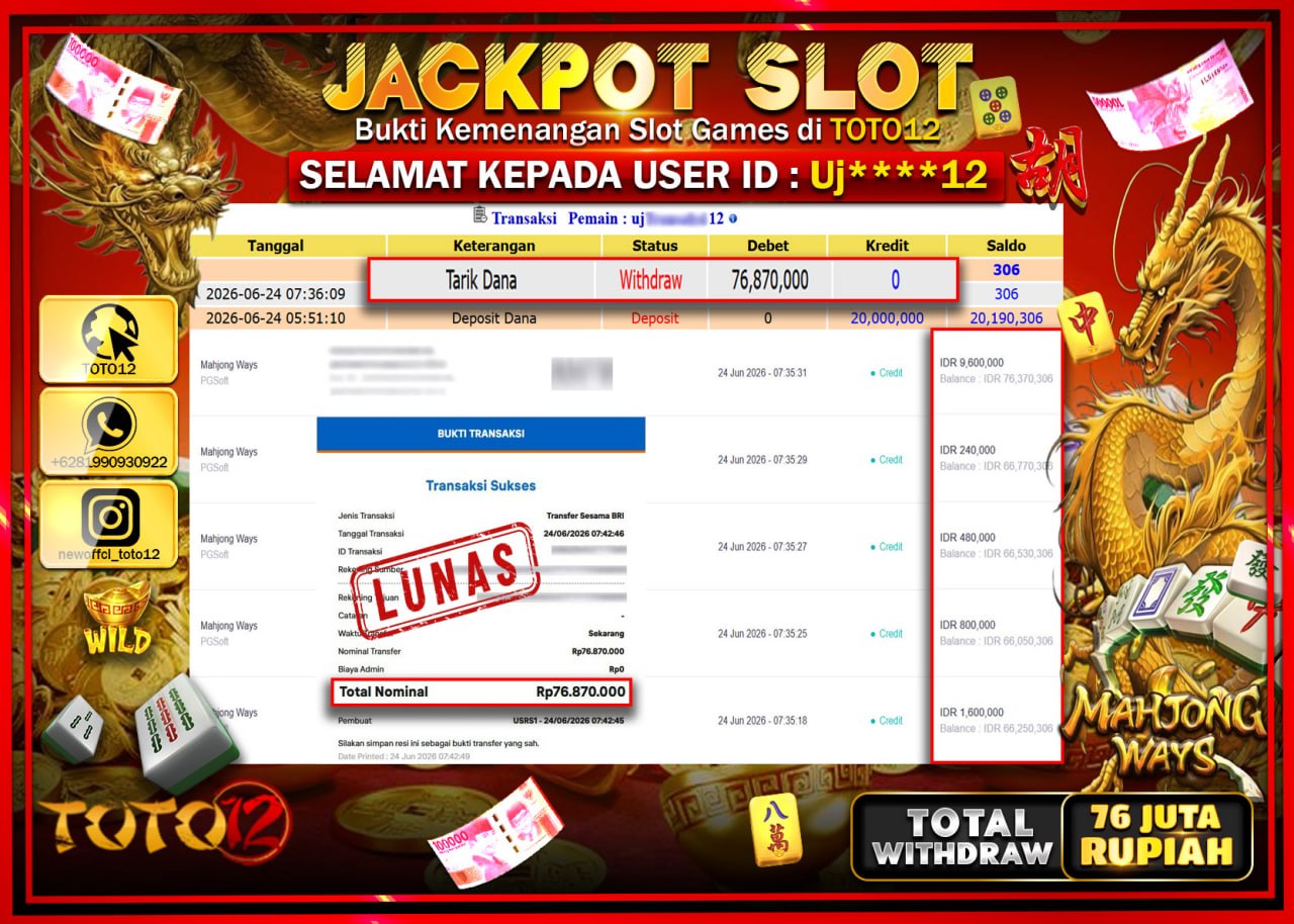 HANYA DI TOTO12 JP PASTI DI BAYAR LUNAS DAN CEPAT!!!!!! JACKPOT SLOT GAME (MAHJONG WAYS) Rp76.870.000!!!!