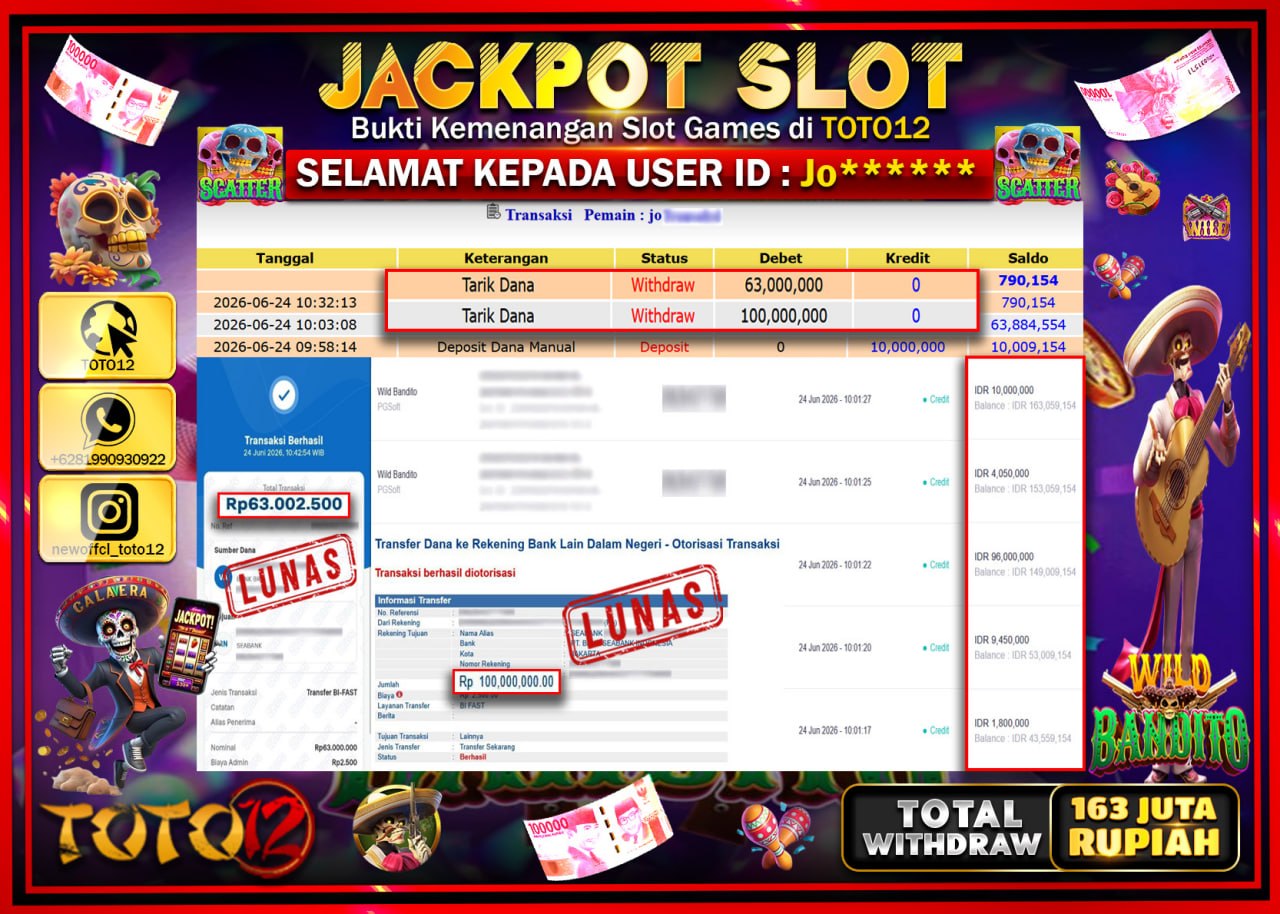 HANYA DI TOTO12 JP PASTI DI BAYAR LUNAS DAN CEPAT!!!!!! JACKPOT SLOT GAME (WILD BANDITO) Rp163.000.000!!!!