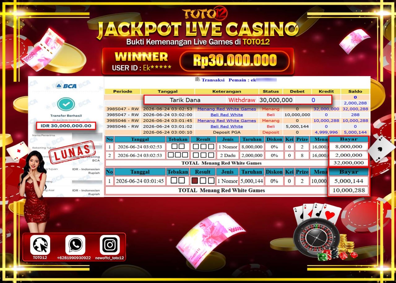 HANYA DI TOTO12 JP PASTI DI BAYAR LUNAS DAN CEPAT!!!!!! JACKPOT  LIVE GAME CASINO (RED WHITE) Rp30.000.000!!!!
