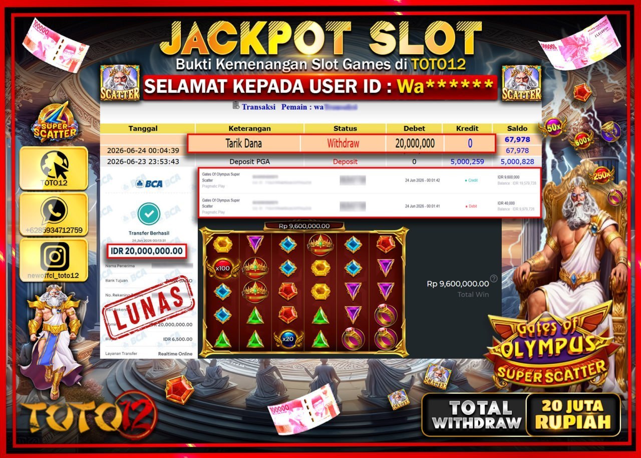 HANYA DI TOTO12 JP PASTI DI BAYAR LUNAS DAN CEPAT!!!!!! JACKPOT SLOT GAME (GATES OF OLYMPUS SUPER SCATTER) Rp20.000.000!!!!