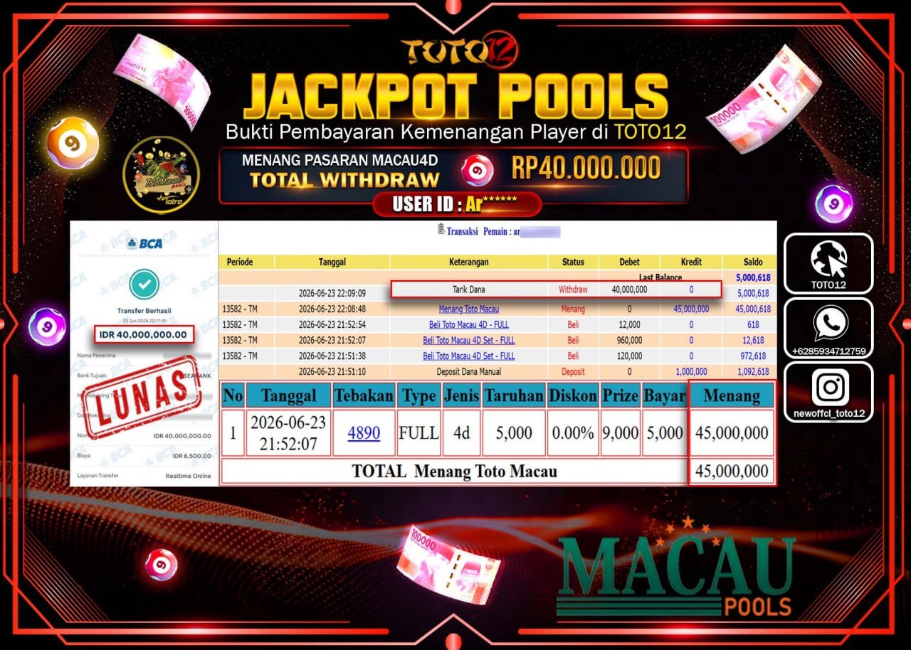 HANYA DI TOTO12 JP PASTI DI BAYAR LUNAS DAN CEPAT!!!!!! JACKPOT POOLS PASARAN (MACAU 4D) Rp40.000.000!!!!