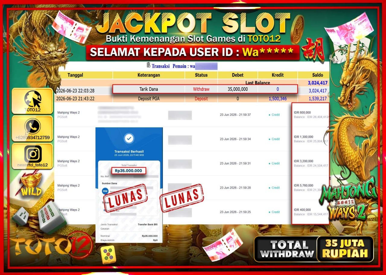 HANYA DI TOTO12 JP PASTI DI BAYAR LUNAS DAN CEPAT!!!!!! JACKPOT SLOT GAME (MAHJONG WAYS 2) Rp35.000.000!!!!