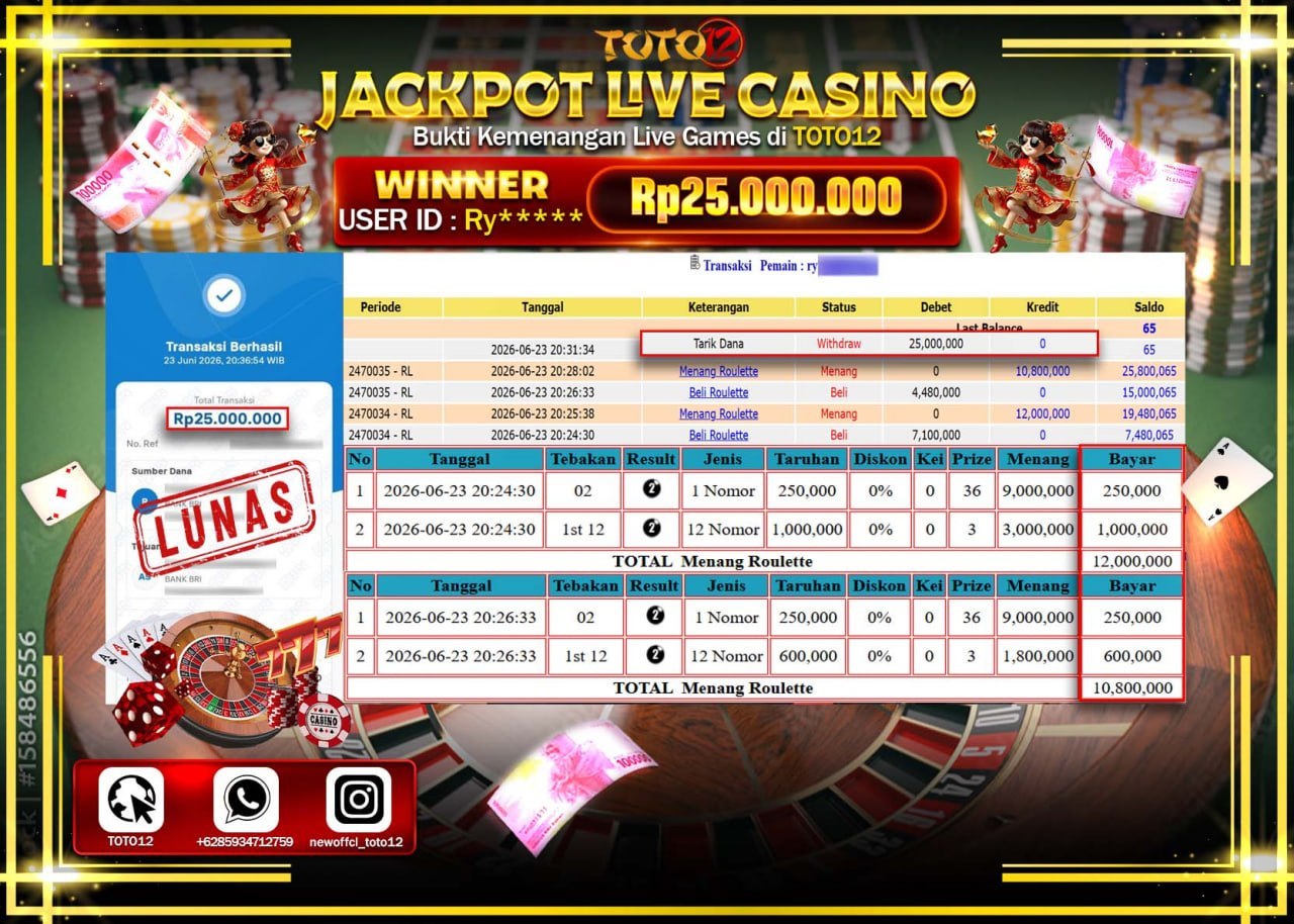 HANYA DI TOTO12 JP PASTI DI BAYAR LUNAS DAN CEPAT!!!!!! JACKPOT  LIVE GAME CASINO (ROULETTE) Rp25.000.000!!!!