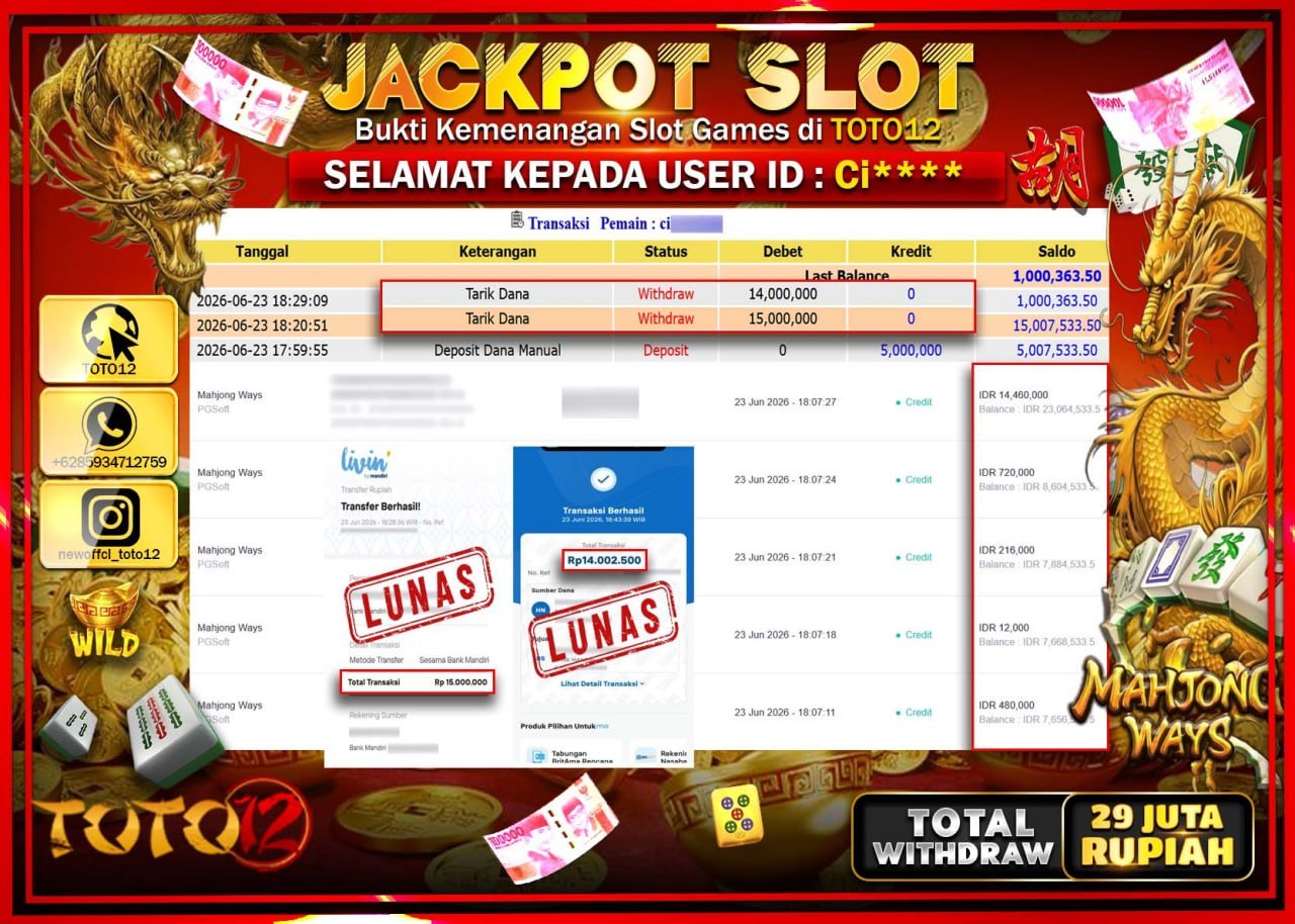 HANYA DI TOTO12 JP PASTI DI BAYAR LUNAS DAN CEPAT!!!!!! JACKPOT SLOT GAME (MAHJONG WAYS) Rp29.000.000!!!!