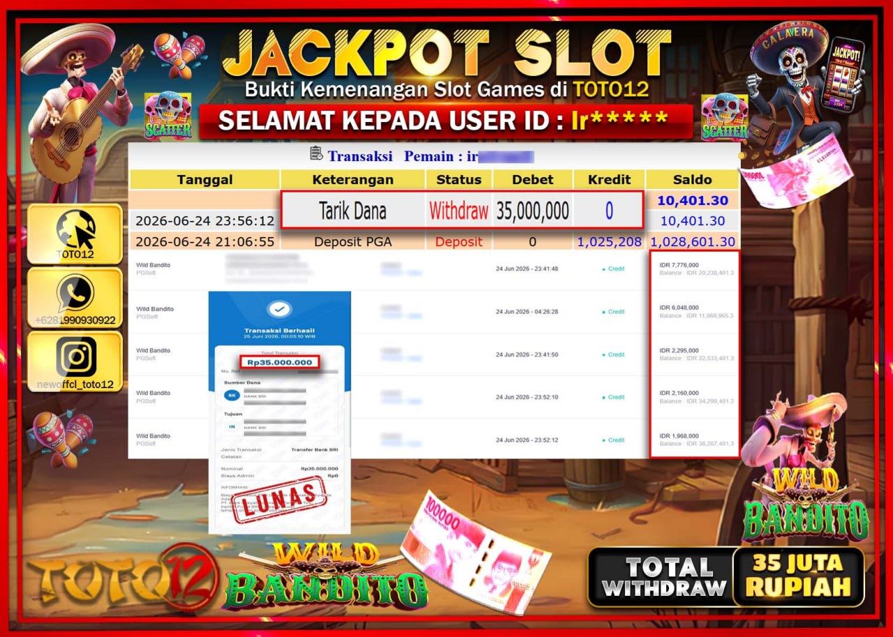HANYA DI TOTO12 JP PASTI DI BAYAR LUNAS DAN CEPAT!!!!!! JACKPOT SLOT GAME (WILD BANDITO) Rp35.000.000!!!!